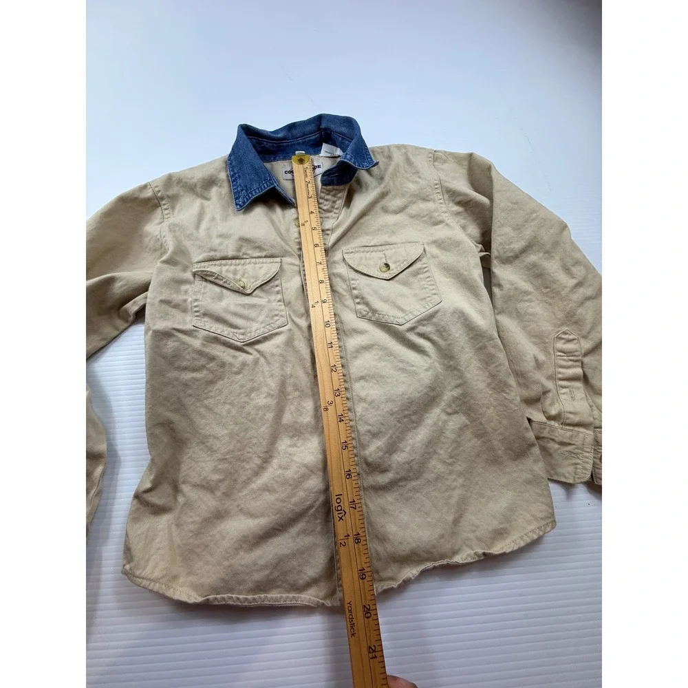 Cowboy Code Boys Tan Cotton Canvas Western Shirt Denim Collar Size L 10-12
